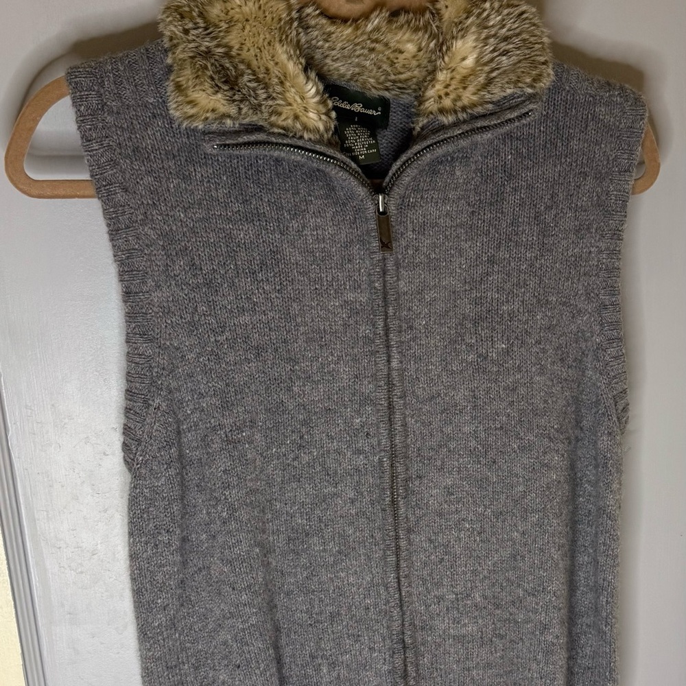M Eddie Bauer wool alpaca blend Gray Vest with Faux Fur Trim